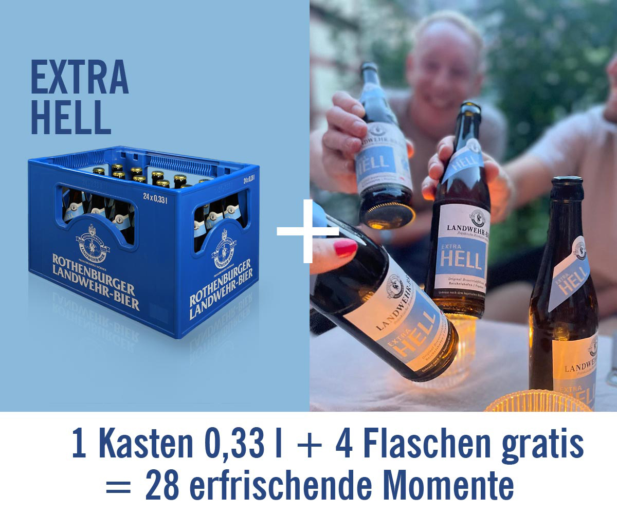 Aktion Landwehr Bräu einen Kasten holen, 4 Flaschen Extra Hell gratis dazu. Nur solange der Vorrat reicht.