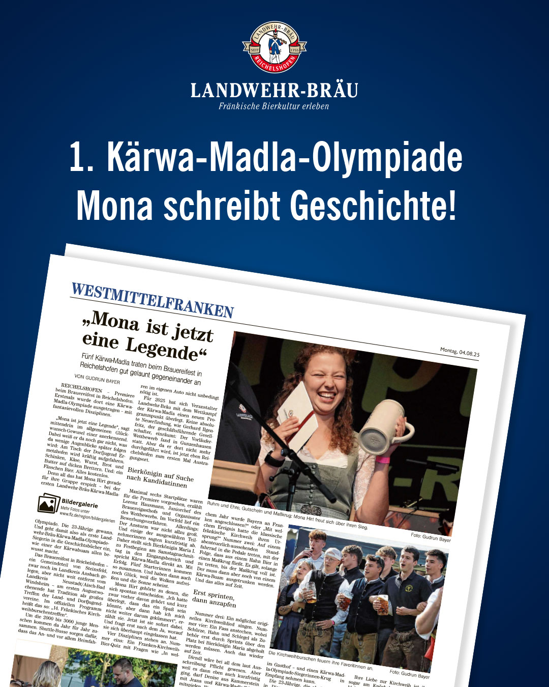 Mona unsere Kerwa Madla Olympiaden gewinnerin vom Brauereifest 2025 in der Fränkischen Landeszeitung